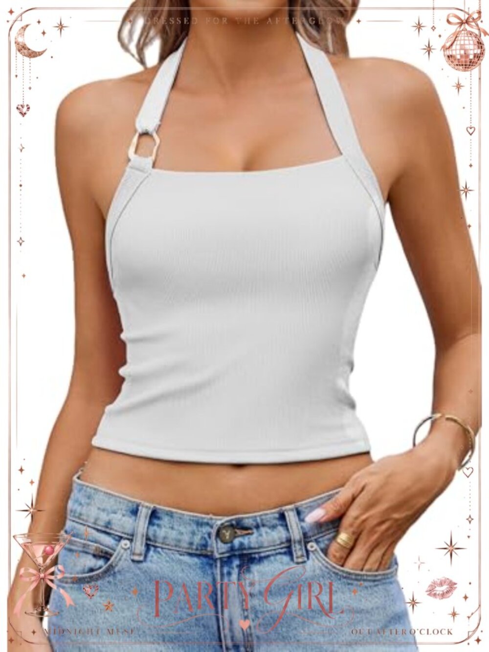 Ribbed Halter Tank Top Double Lined Backless Crop Cami Slim Fit Y2K